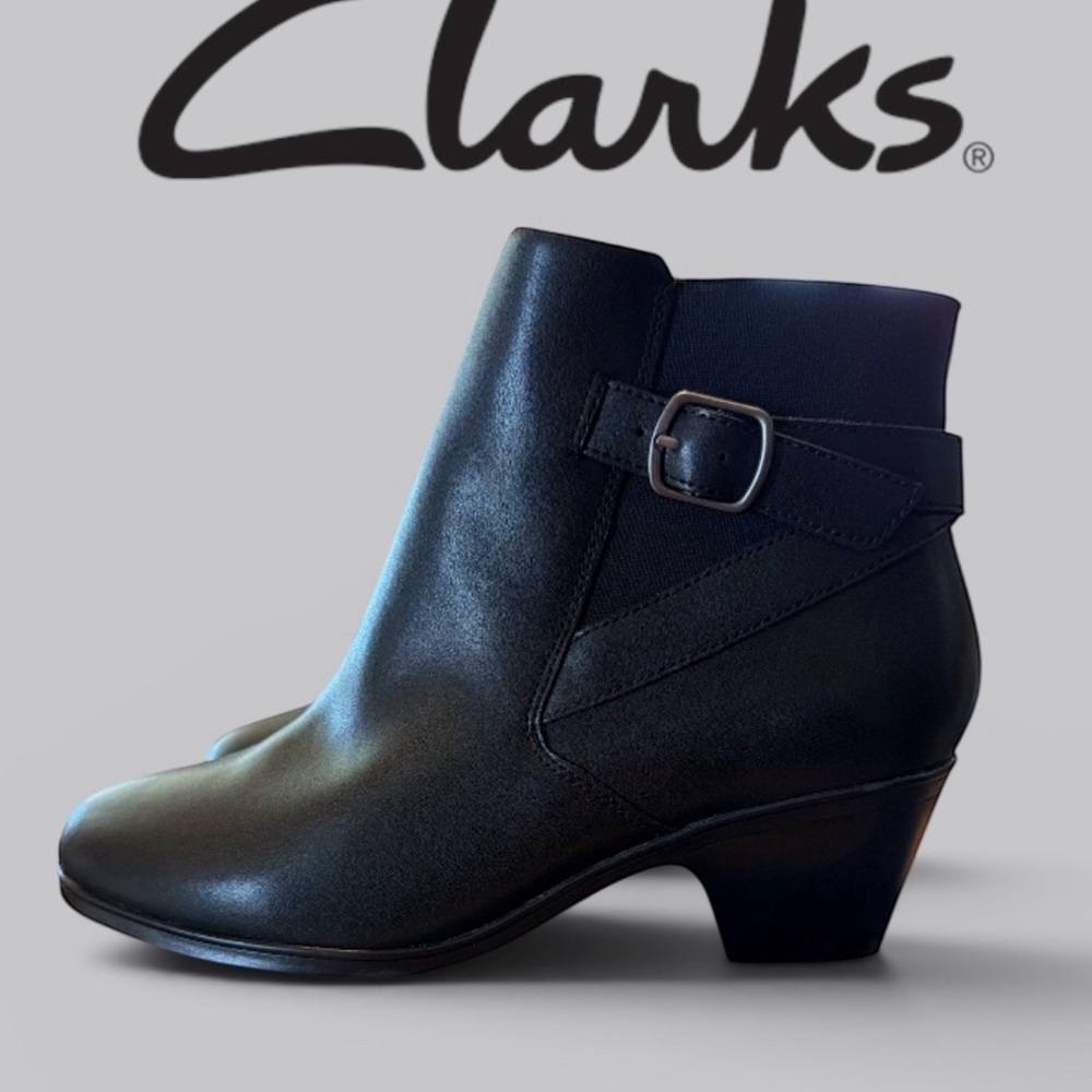 Women’s Clarks Black Leather Ankle Boots with Buckle Strap